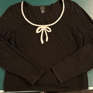 INC International Concepts Black Long Sleeve Top with White Bow Accent
